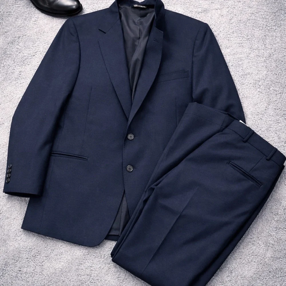 Oakton 2 Piece Suit Mens 48 BIG 38X32 Navy Blue Solid Color Vintage Wool
